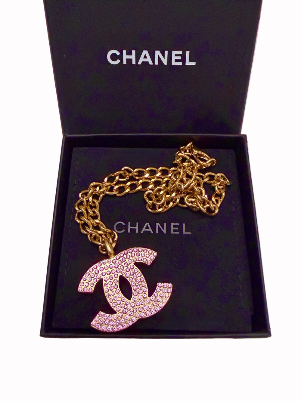 Jumbo Chanel Pink Crystal CC Logo Gold Necklace